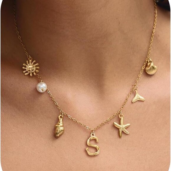 Initial Charm Necklace for Women, 18k Gold Plated Sea Shell Necklace, Dainty A-Z - Picture 1 of 7